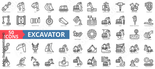 Excavator icon collection set. Containing hydraulic system, boom , excavator, arm, bucket, caterpillar tracks, excavation, digger, operator cabin, breaker icon. Simple outline vector illustration