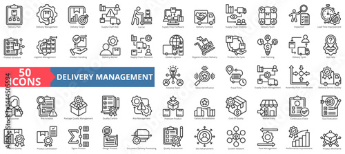 Delivery management icon collection set. Containing plan, target, supply chain, risk, carrier, software, contract, visibility, team, inspection, logistics icon. Simple outline vector illustration.