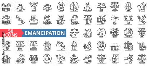 Emancipation icon collection set. Containing freedom, independence, liberation, rights, autonomy, self determination, empowerment, equality, justice icon. Simple outline vector illustration.