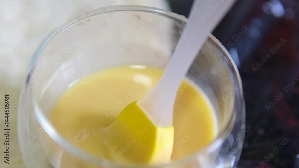 A close-up shot capturing a chefs hands as they carefully brush egg wash onto freshly prepared empanadas. Glossy finish readies them for baking in a professional kitchen. Close-up shot