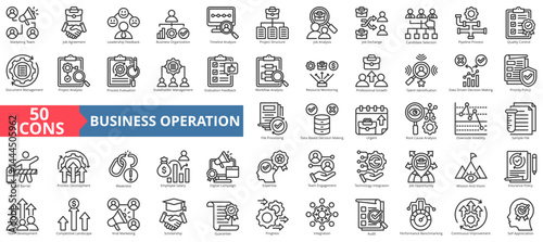 Business operation icon collection set. Containing marketing, agreement, leadership, business, timeline, structure, job, exchange, quality control icon. Simple outline vector illustration.
