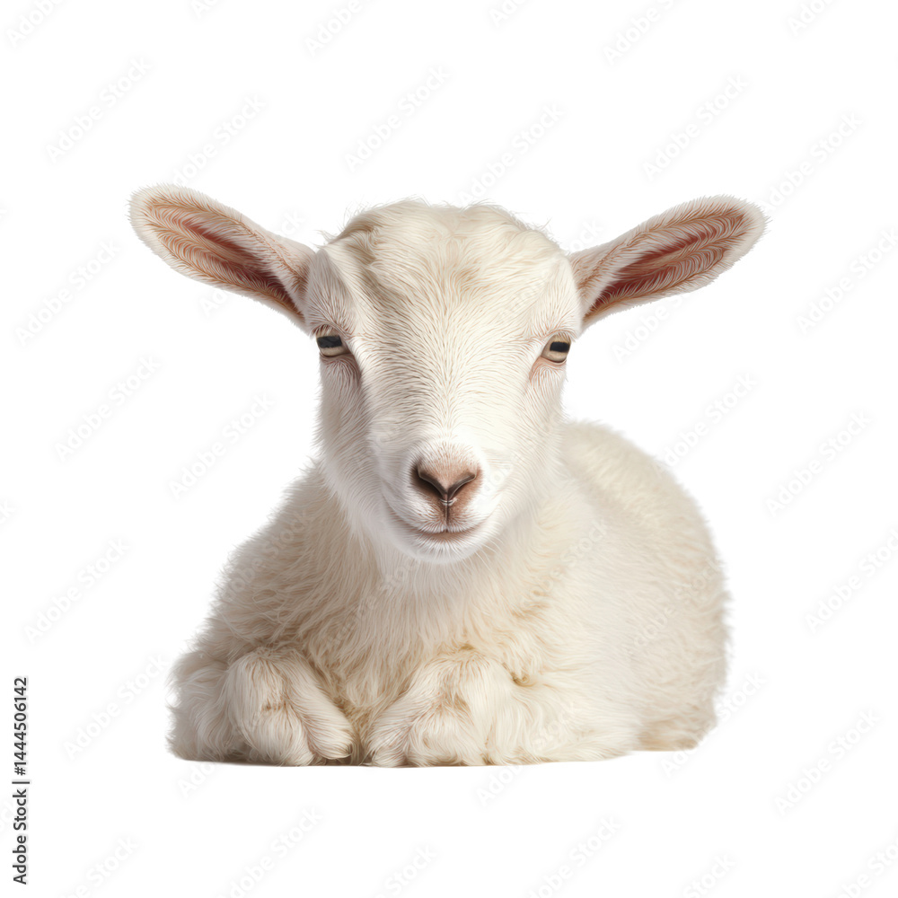 Fototapeta premium Adorable baby goat with soft white fur, pink ears, and gentle expression lying down isolated on white background perfect for nature and farm themes