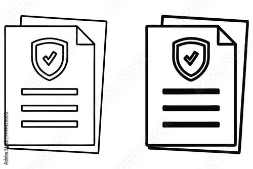 Two white papers contain a shield with a check mark inside a thin black outline