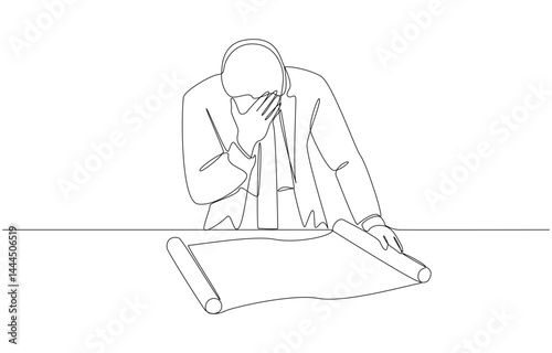 Continuous one line drawing of frustrated businessman holding blueprint of unsuccessful project, failed investment concept, single line art