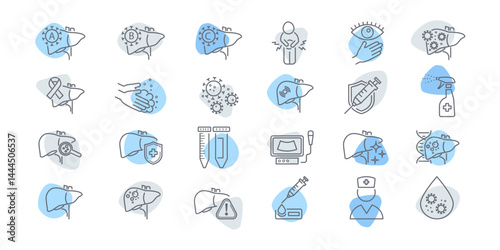 Vector icon set illustrating liver disease and medical conditions. Includes infographic elements about fat accumulation, infection, diagnosis, and hepatitis symptoms for health education.