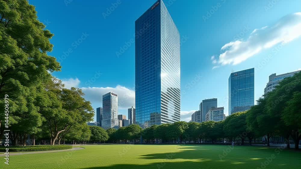 Modern Architecture with Clear Blue Sky in Urban Green Space Setting