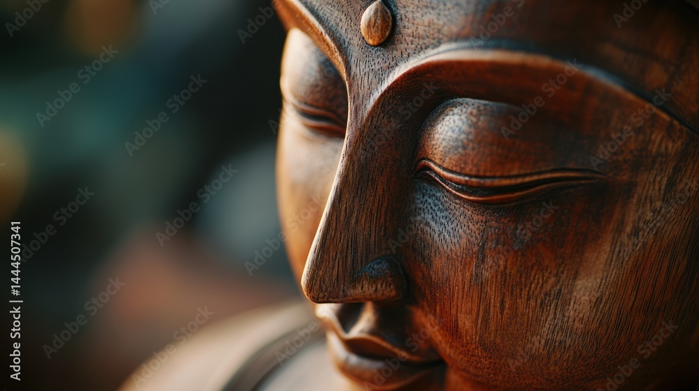 Serene Close-Up of a Hand-Carved Wooden Buddha Statue, Peaceful Meditation, Spiritual Awakening, Tranquility