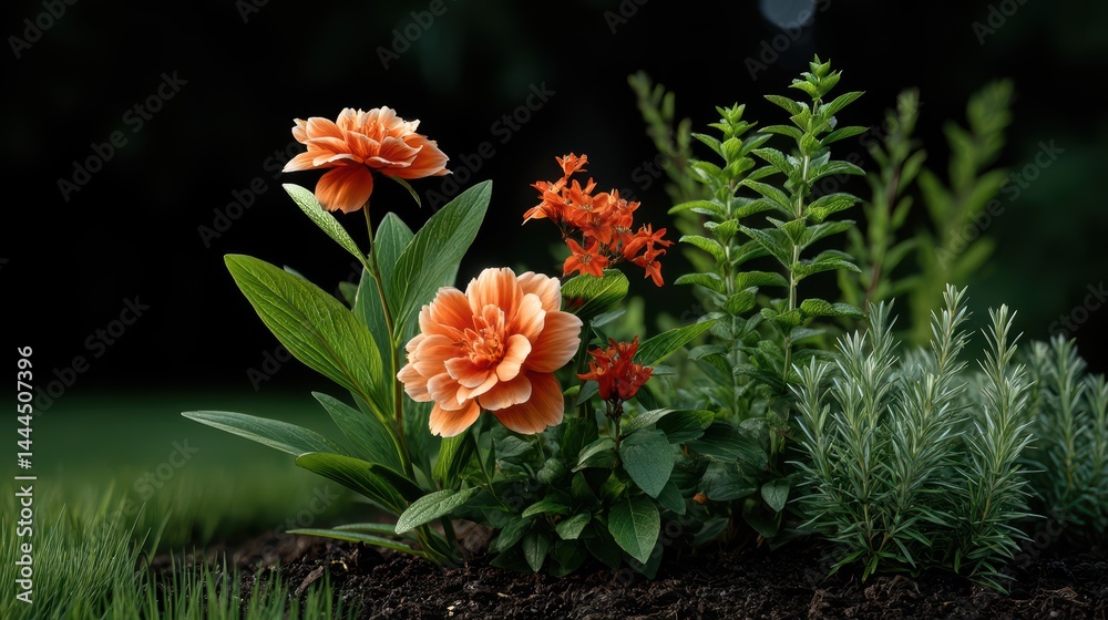 Vibrant orange flowers and greenery in a garden setting. Vibrant orange flowers and greenery in a garden setting.
