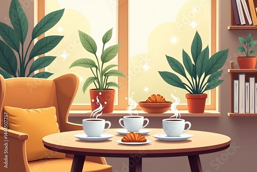 an image of a table with two cups of coffee and croissants, there is a table with two cups of coffee and croissants on it photo