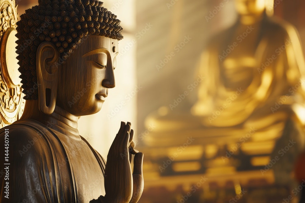 Serene Wooden Buddha Statue in Temple Setting, Peaceful Spiritual Atmosphere, Golden Light, Deep Meditation, Tranquil Scene