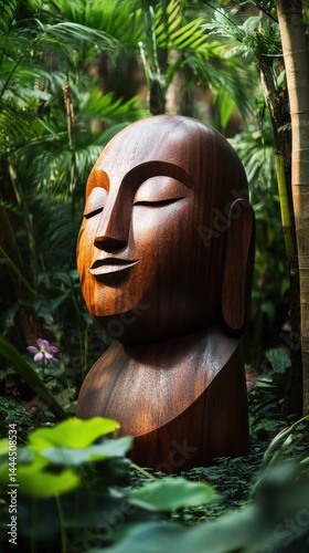 Obraz na płótnie Tranquil Wooden Buddha Head Amidst Lush Tropical Foliage: A Serene Garden Sanctuary w salonie
