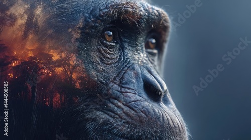 Double exposure bonobo with burning jungle in wild nature concept. A close-up of a gorilla's face blending with a forest fire background.