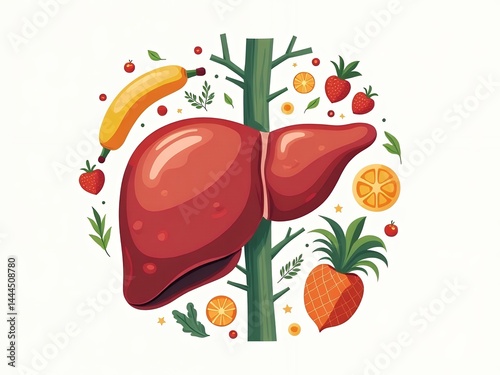 an image of a healthy liver surrounded by fruits and vegetables, there is a picture of a healthy liver surrounded by fruits and vegetables