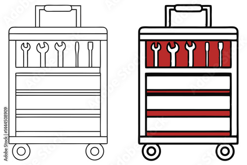 Two rolling toolboxes show wrenches and screwdrivers in a line drawing on transparent background