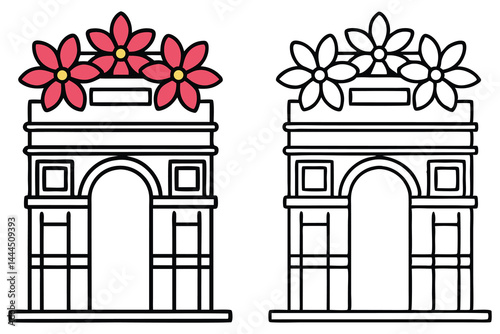 Two outline Parisian arches adorned with red and colorless flowers stand against a white background