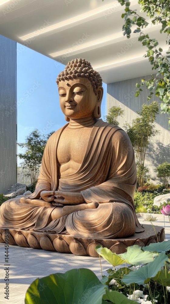 Serene Buddha Statue in Modern Architectural Setting: A Peaceful Garden Sanctuary