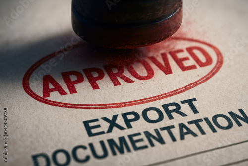 Approved stamp on export documentation shows trade flow and globalization impact on international business approval process