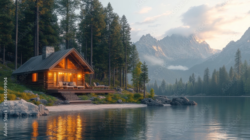 Fototapeta premium Serene lakeside cabin at dawn surrounded by mountains and pine trees