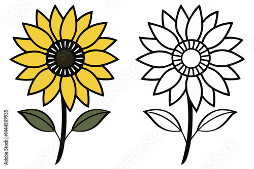 A vibrant sunflower stands brightly beside its outlined counterpart against the white backdrop