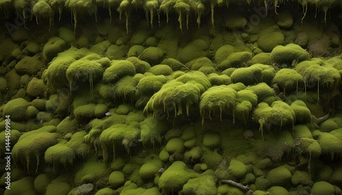 Vibrant green moss blankets a rocky terrain, presenting an intricate, textured, natural landscape. photo