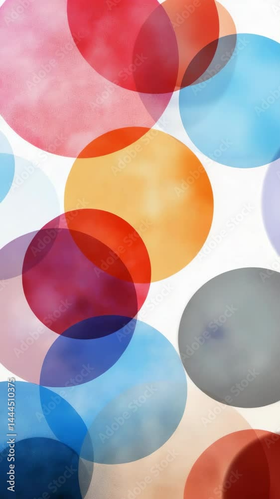 A colorful abstract painting of circles with a white background. The circles are of different sizes and colors, creating a sense of movement and energy. The painting evokes a feeling of joy