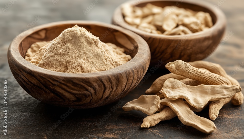 High-Quality Ashwagandha Root Powder in Rustic Bowls - Ayurvedic Adaptogen High-Quality Ashwagandha Root Powder in Rustic Bowls - Ayurvedic Adaptogen