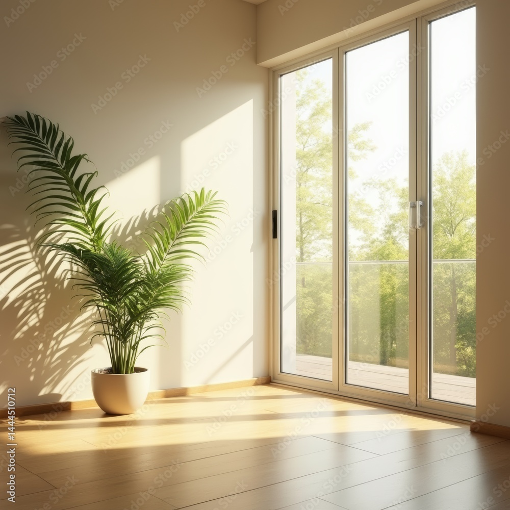 Fototapeta premium Simple modern room with large windows filled with bright morning sunlight, glares on the floor, feeling of freshness