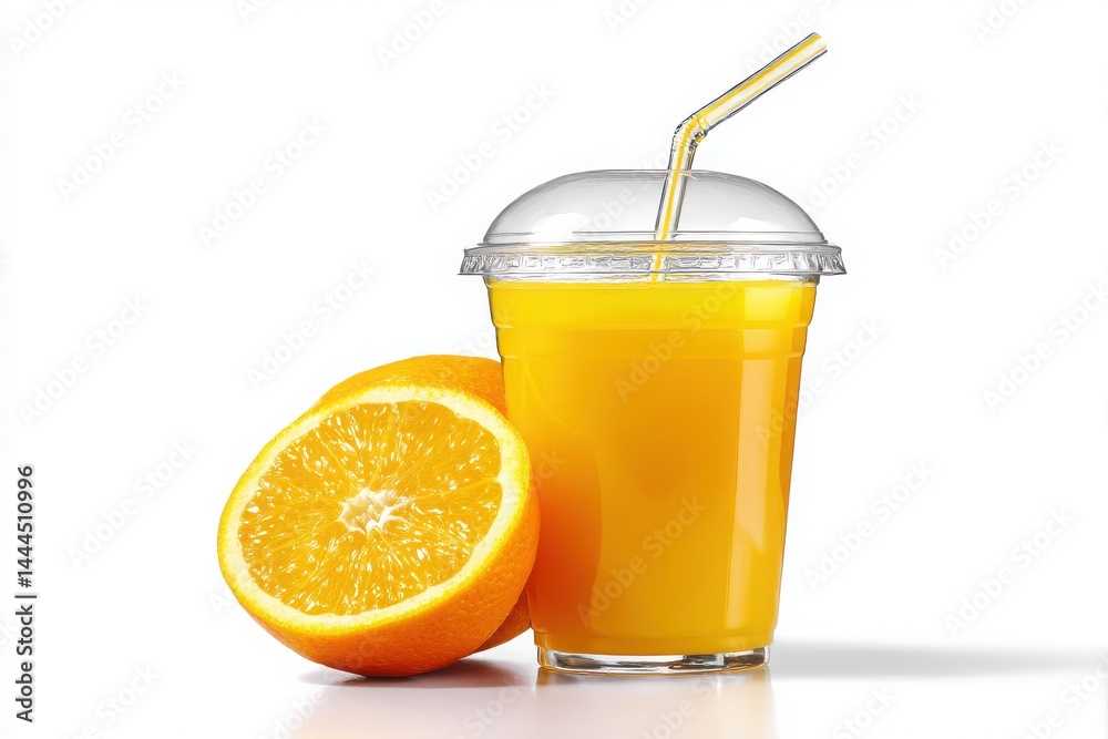Fresh Orange Juice in Clear Cup with Straw and Orange Slice Fresh Orange Juice in Clear Cup with Straw and Orange Slice