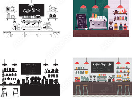 Modern Coffee Shop Illustrations – Minimalist and Colorful Barista Counters, Café Menus, Espresso Machines, and Coffee Bar Designs
