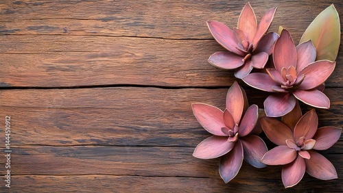 A cluster of reddish-purple succulents arranged on a wooden surface. Concept Reddish-Purple Succulents, Wooden Surface Arrangement, Indoor Plant Decor, Succulent Aesthetics, Natural Textures photo