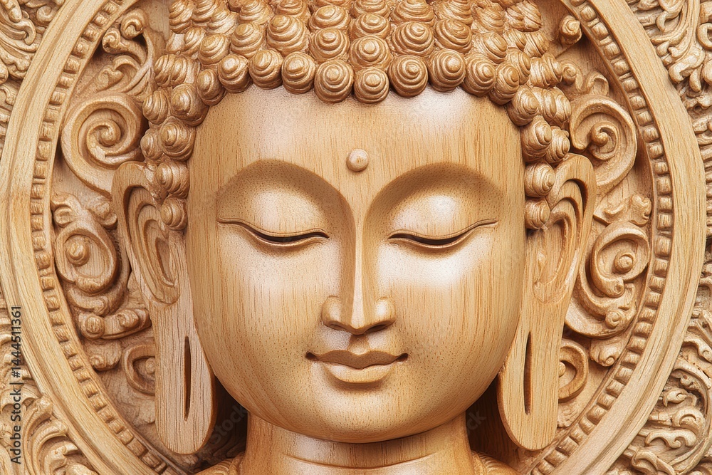 Serene Buddha Face Carved from Light Wood: Intricate Detail and Peaceful Expression