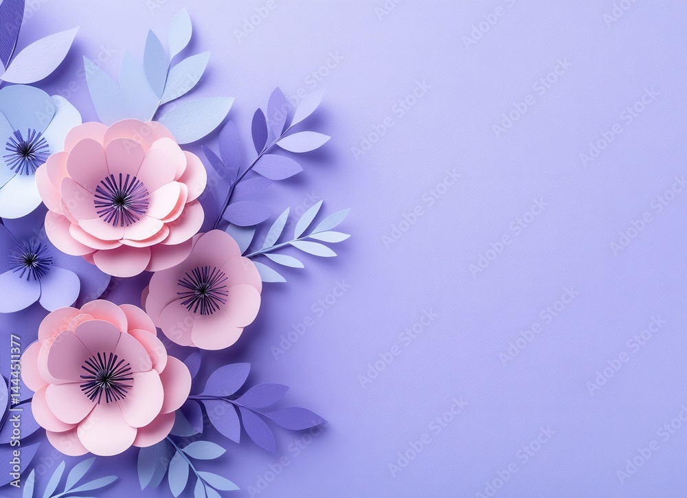 Fototapeta premium Beautiful paper flowers in various shades on a light purple background create a delicate and artistic arrangement