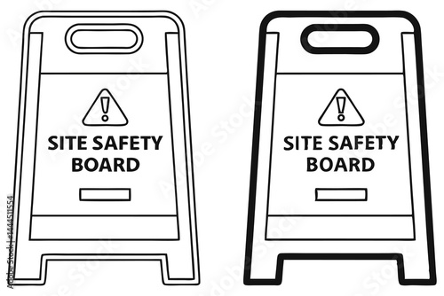 Two versions of site safety board designs show construction or workplace hazard caution