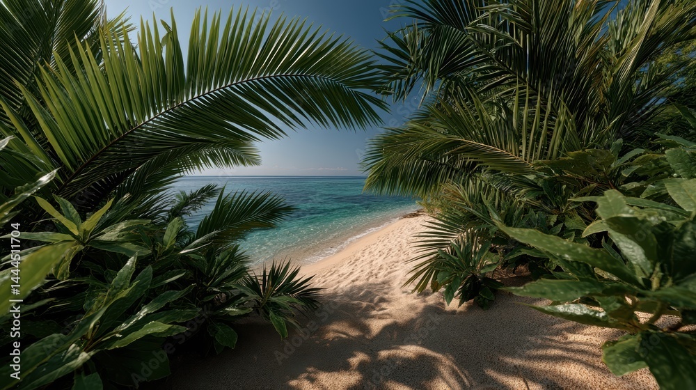 Tropical beach path framed by lush palm trees. Tropical beach path framed by lush palm trees.