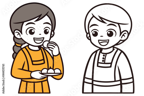 Smiling girl in orange overalls eats a treat while boy stands outlined, transparent background
