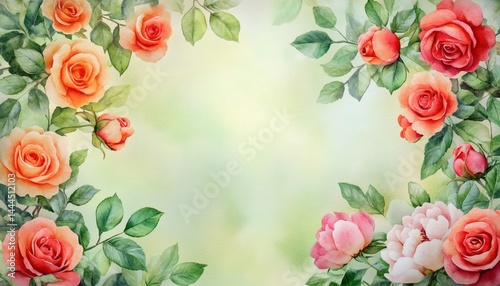 Soft, floral, painted frame of roses and peonies.