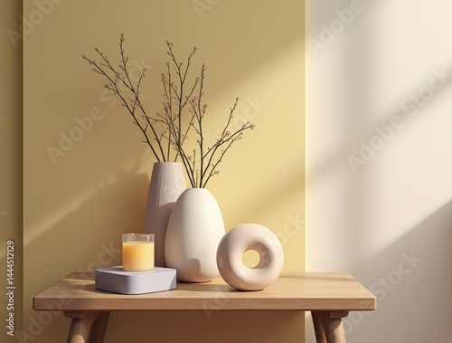 Decorative setup on a low wooden table: abstract sculpture, vase, candle, accent colors — butter yellow, dusty lavender, beige, soft side lighting