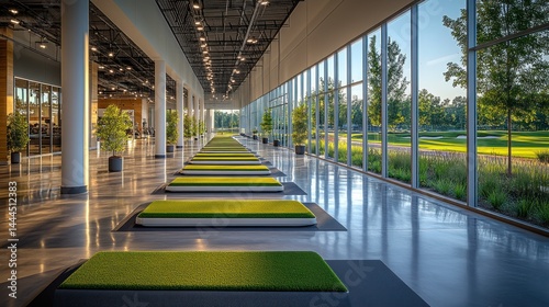 Modern golf practice facility with expansive views