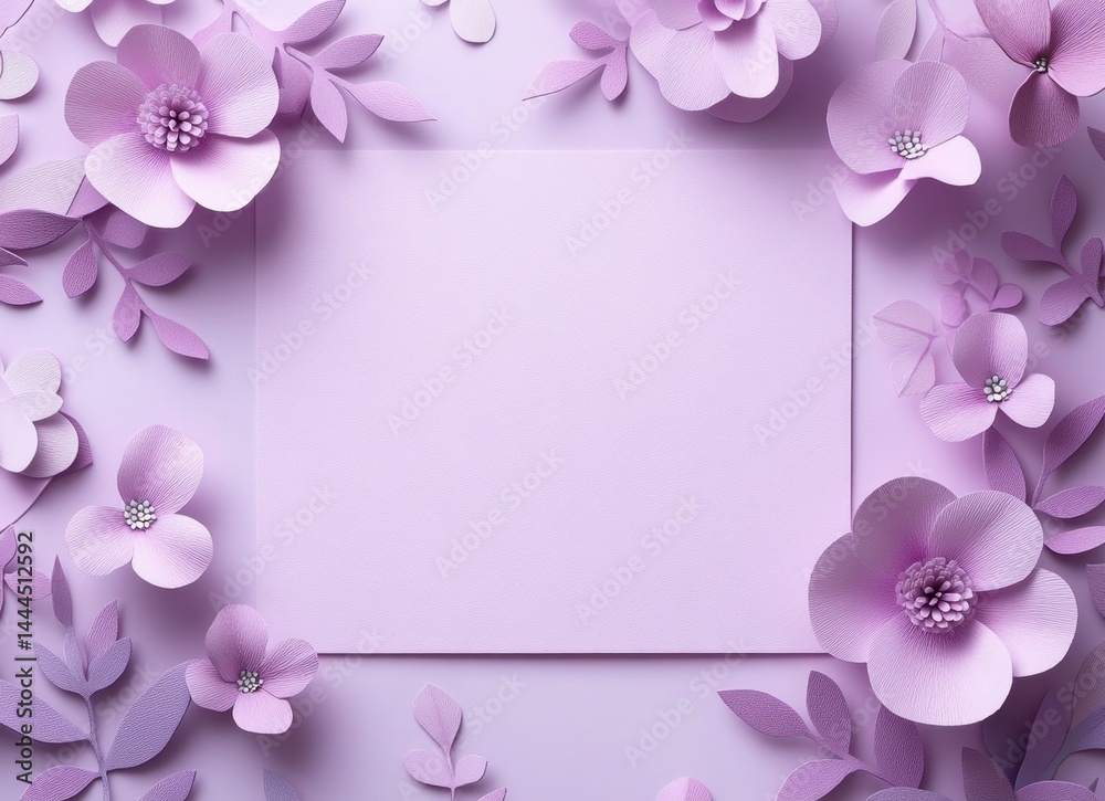 Fototapeta premium Delicate purple flowers and leaves create a serene background for invitations or personal notes