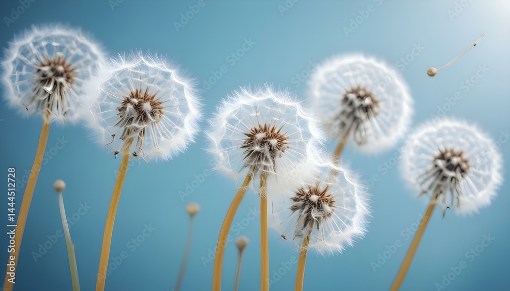 A gentle breeze carries dandelion seeds across a vibrant, bright blue sky in summer. A gentle breeze carries dandelion seeds across a vibrant, bright blue sky in summer.