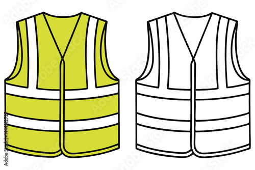 Yellow safety vest with reflective stripes sits beside its black outline version on white