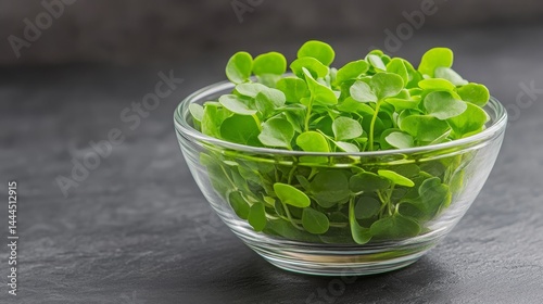 Fresh Watercress in a Glass Bowl on Dark Background Healthy Eating Concept