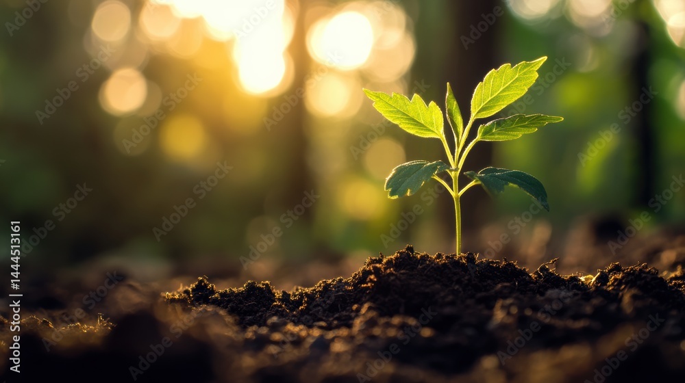 A Young Sprout Emerging at Golden Hour: Nature's Resilience and New Beginnings in a Forest Setting