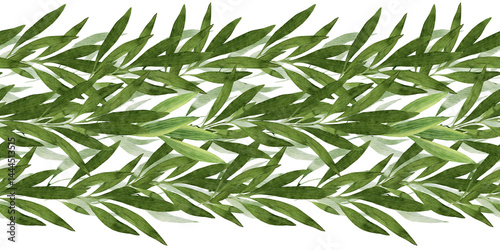 Watercolor seamless pattern with green spring plants with carved leaves