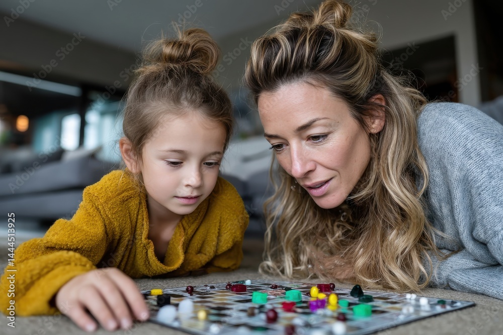 Fototapeta premium A heartwarming moment between a mother and daughter as they immerse themselves in a board game, fostering connection, laughter, and quality time together at home.
