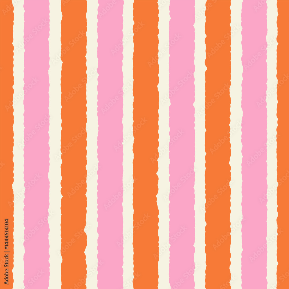 Abstract seamless pattern of vertical wavy pink and red stripes on light background, simple hand drawn illustration, flat style