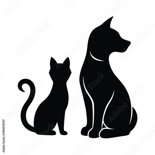 Silhouette Vector Illustration of Friendly Cat and Dog