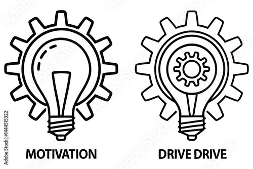 Line art showcases two lightbulbs encircled by gears, symbolizing both motivation and drive