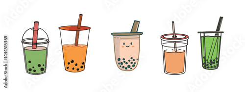 Bubble Tea or Coffee Drinks. Delicious drinks in plastic cups with a tube. Milkshakes with coffee and tea in a cafe. Vector illustration