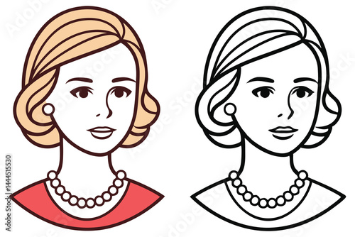 Smiling woman shows retro hair and pearl necklace with transparent background